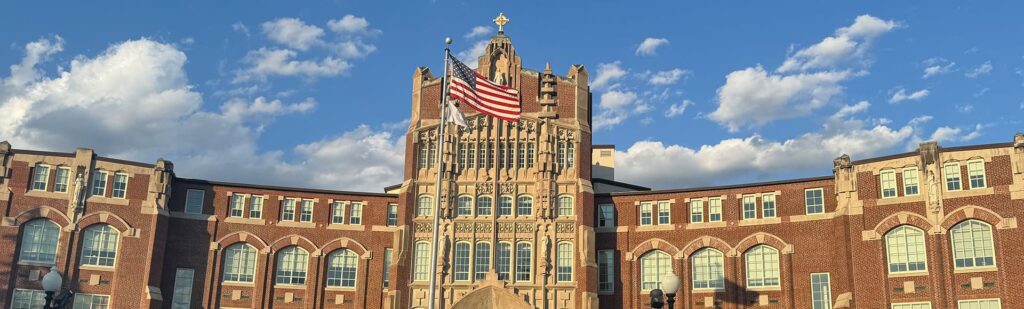 Harkins Hall, the main administrative building on campus